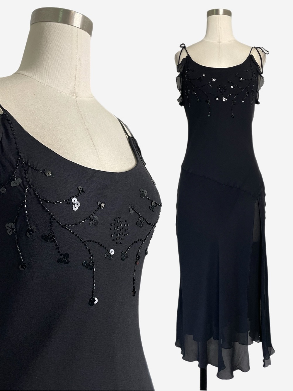 Vintage Y2K Lapis black silk beaded sequin ruffle slip dress dark fairy XS